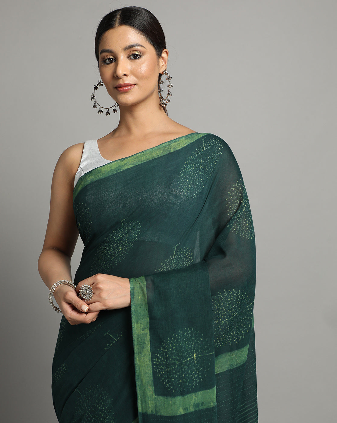 Natural Indigo Dyed Dabu Hand Block Printed Cotton Saree