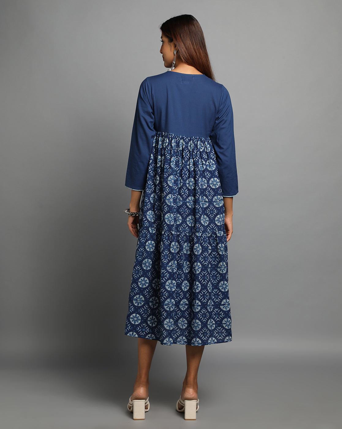 Indigo Dyed Dabu Printed Flower Zaal Angrakha Dress