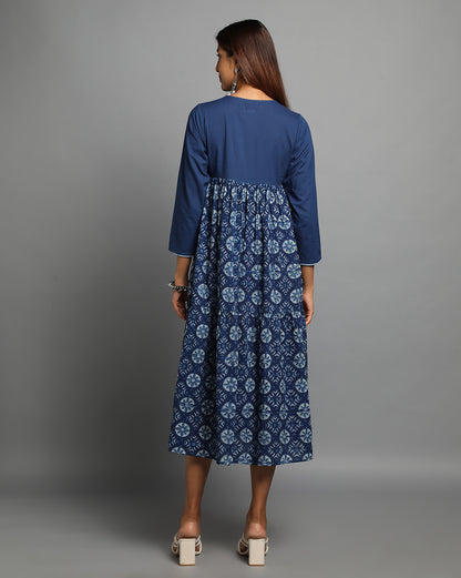 Indigo Dyed Dabu Printed Flower Zaal Angrakha Dress