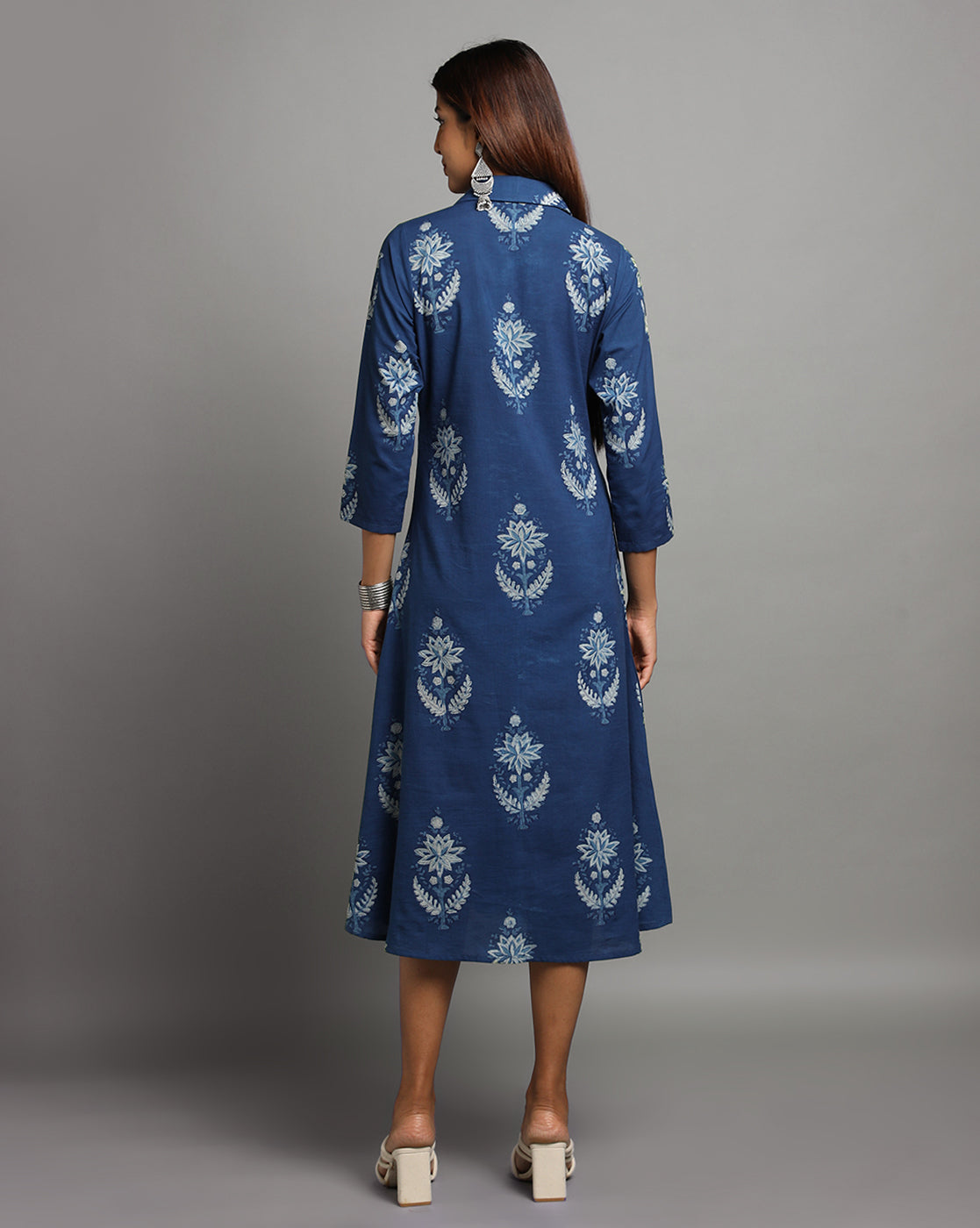 Indigo Dyed Dabu Printed Bada Butta Long Dress