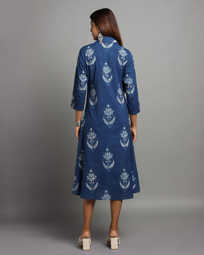 Indigo Dyed Dabu Printed Bada Butta Long Dress