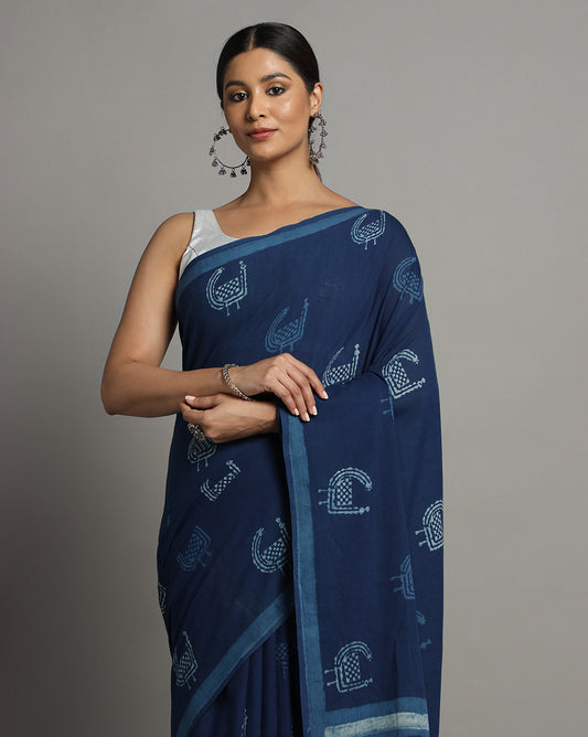 Natural Indigo Dyed Dabu Hand Block Printed Cotton Saree