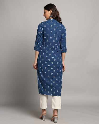 Indigo Dyed Dabu Printed Cotton Long Kurta