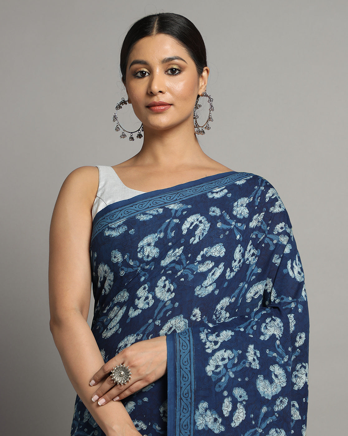 Natural Indigo Dyed Dabu Hand Block Printed Cotton Saree