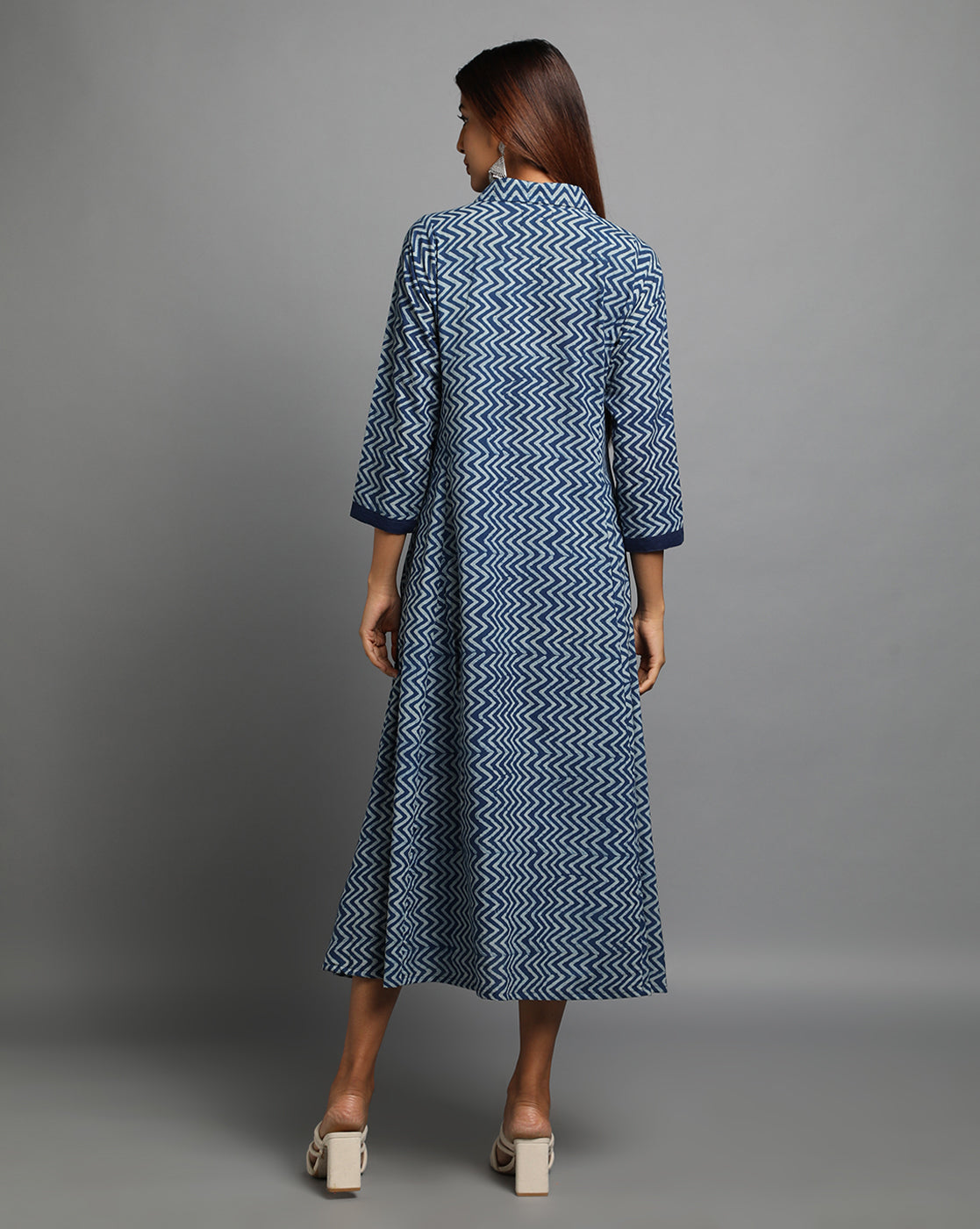 Indigo Dyed Dabu Printed Zig Zag Long Dress