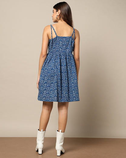 Natural Indigo Dyed Dabu Hand Block Print Spaghetti Dress