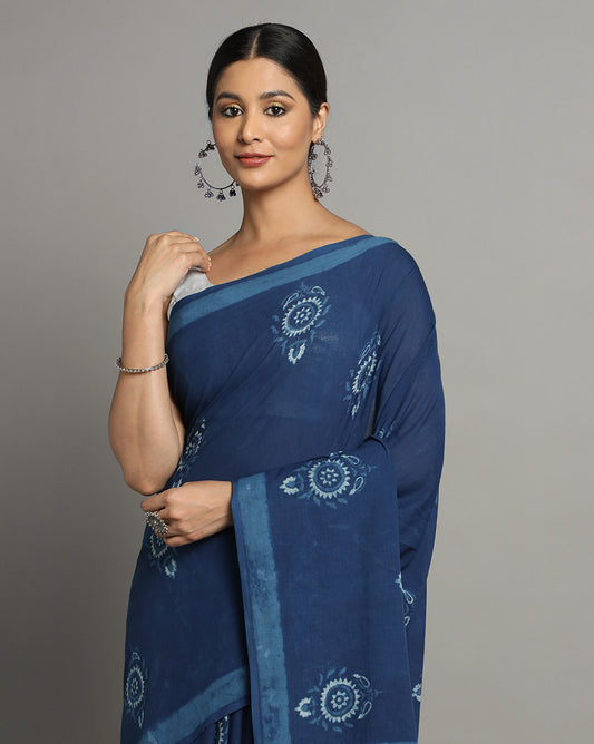 Natural Indigo Dyed Dabu Hand Block Printed Cotton Saree