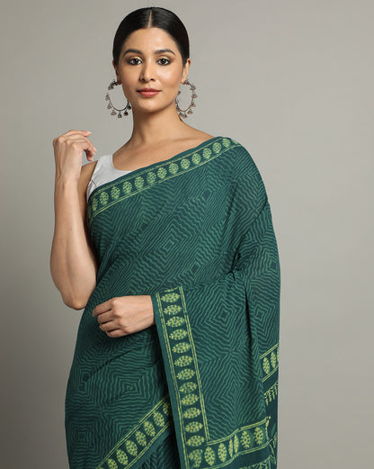 Natural Indigo Dyed Dabu Hand Block Printed Cotton Saree
