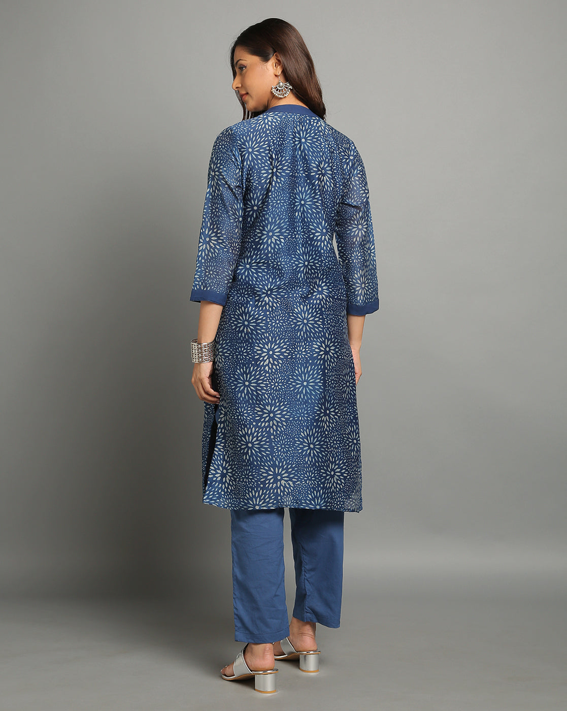 Indigo Dyed Dabu Printed Chanderi Sunflower Long Kurta