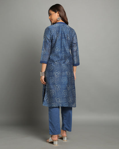 Indigo Dyed Dabu Printed Chanderi Sunflower Long Kurta