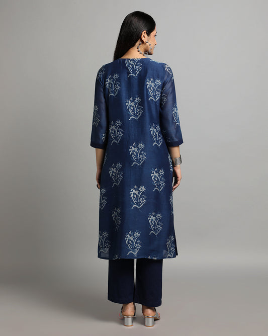 Indigo Dyed Dabu Printed Sakshi Butta Chanderi Silk Kurta