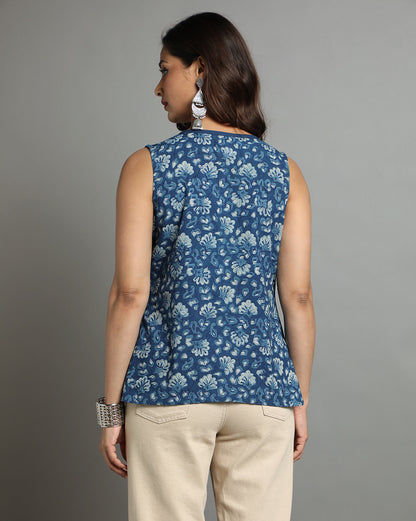 Indigo Dyed Dabu Printed Flower Zaal Pintuk Top