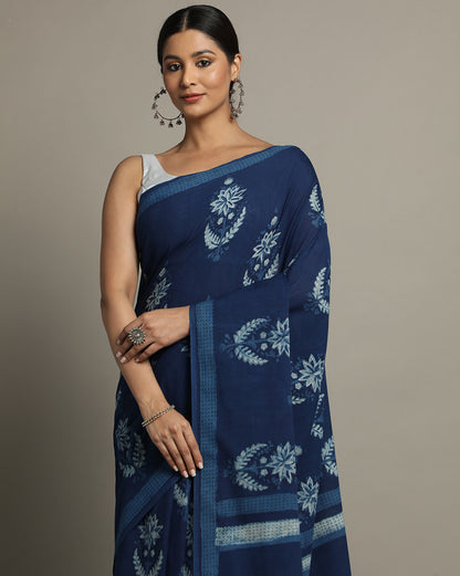 Natural Indigo Dyed Dabu Hand Block Printed Cotton Saree