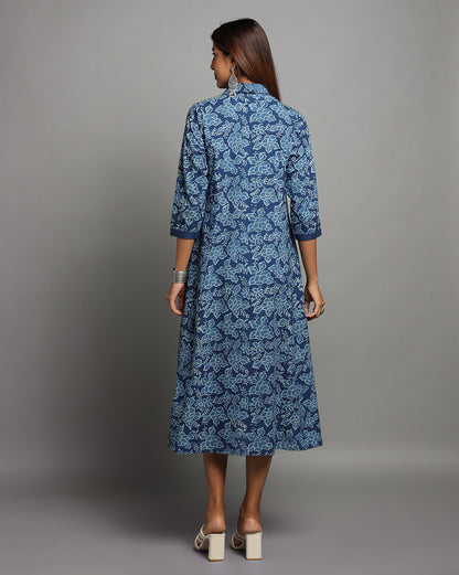 Indigo Dyed Dabu Printed Gad Flower Long Dress