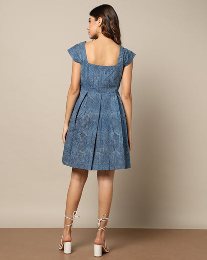 Indigo Natural Dyed and Dabu Hand Block Printed Short Dress