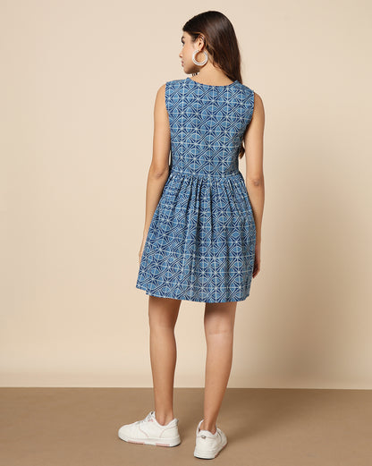 Natural Dyed Hand Block Printed Short Dress Sleeveless