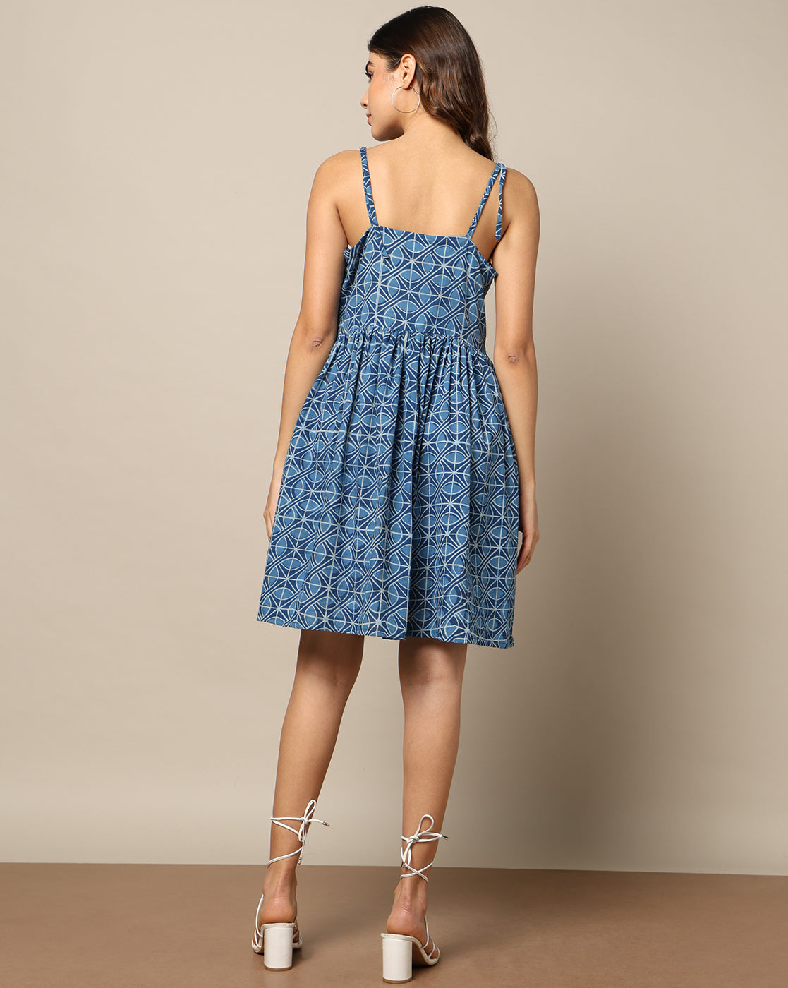 Natural Indigo Dyed Dabu Printed Spaghetti Dress