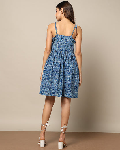 Natural Indigo Dyed Dabu Printed Spaghetti Dress