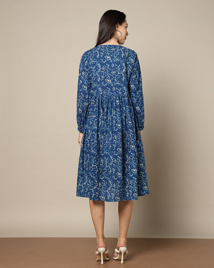 Indigo Dyed Dabu Hand Block Printed Long Dress