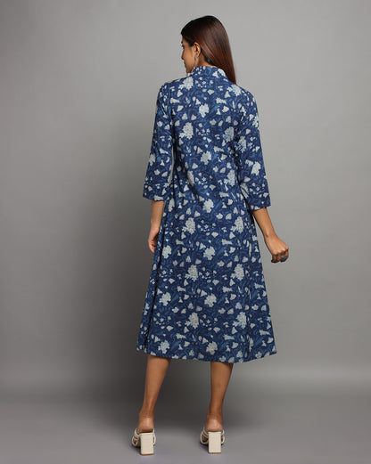 Indigo Dyed Dabu Printed Parizaal Long Dress