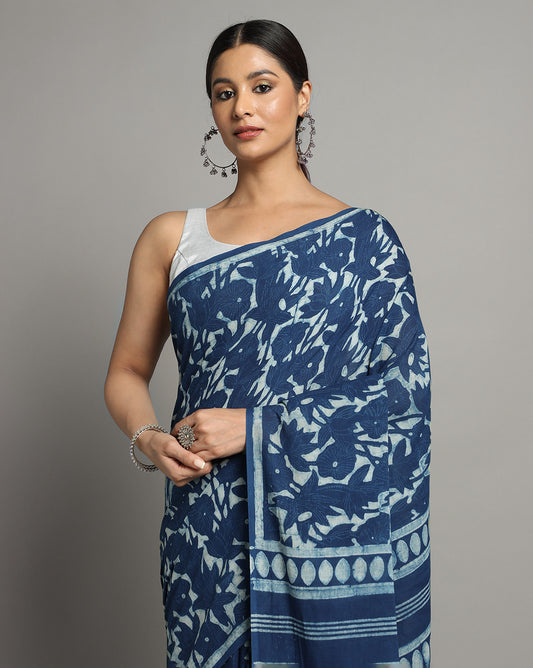Natural Indigo Dyed Dabu Hand Block Printed Cotton Saree