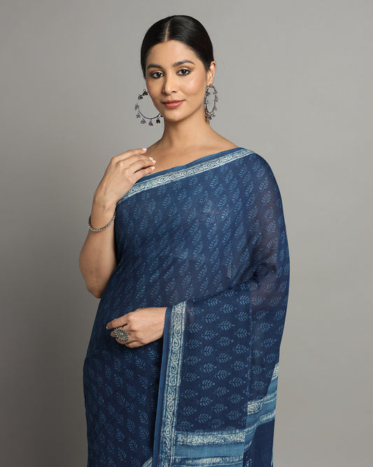 Natural Indigo Dyed Dabu Hand Block Printed Cotton Saree