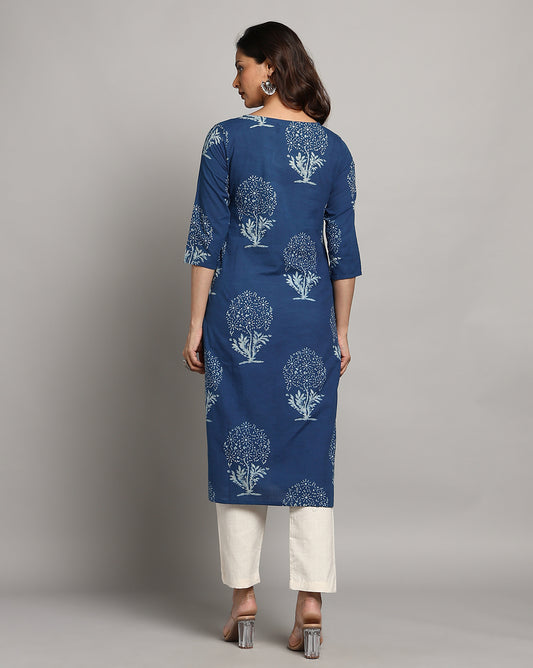 Indigo Dyed Dabu Printed Cotton Long Kurta
