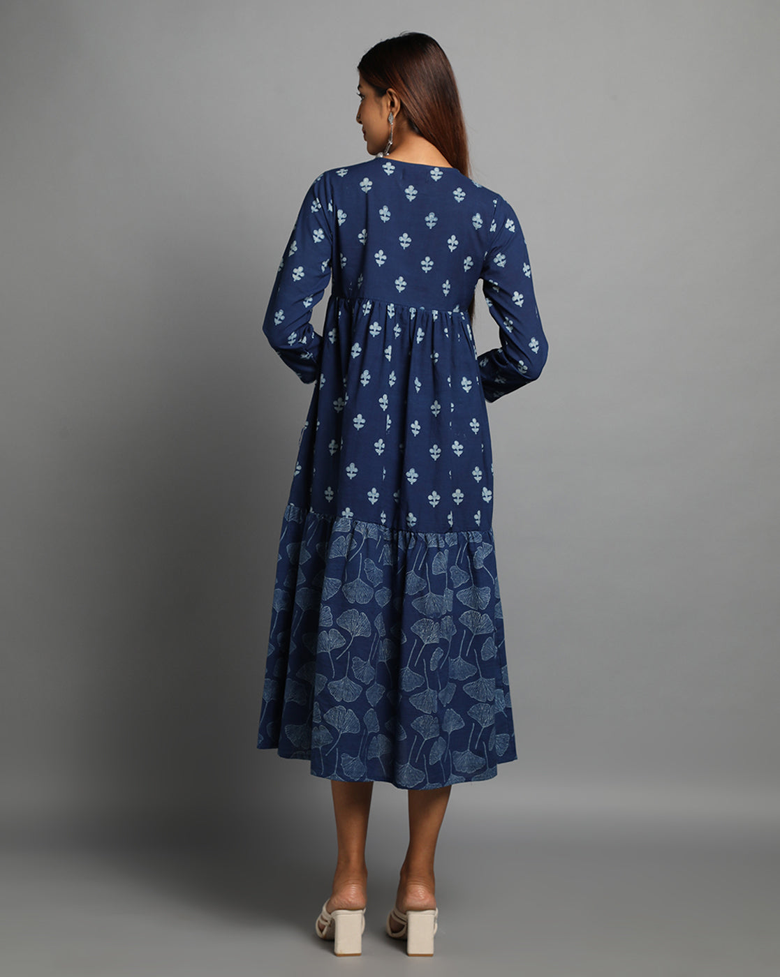 Indigo Dyed Dabu Printed Flower Zaal Angrakha Dress