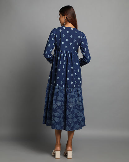 Indigo Dyed Dabu Printed Flower Zaal Angrakha Dress