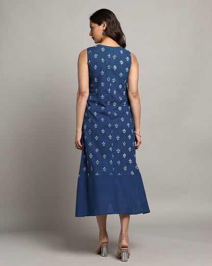 Indigo Dyed Dabu Printed Sleeveless Dress