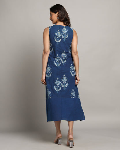 Indigo Dyed Dabu Printed Sleeveless Dress