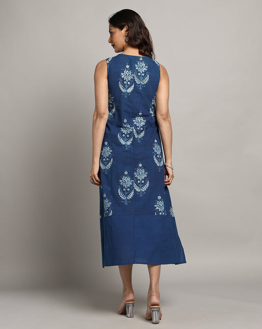 Indigo Dyed Dabu Printed Sleeveless Dress