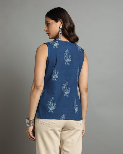Indigo Dyed Dabu Printed Peacock Pintuk Top