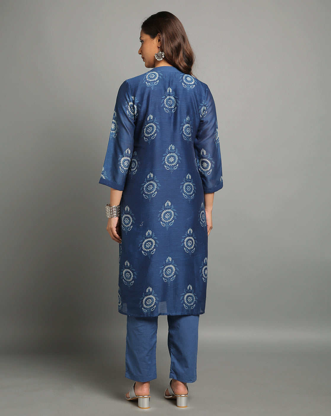 Indigo Dyed Dabu Printed Butta Chanderi Long Kurta