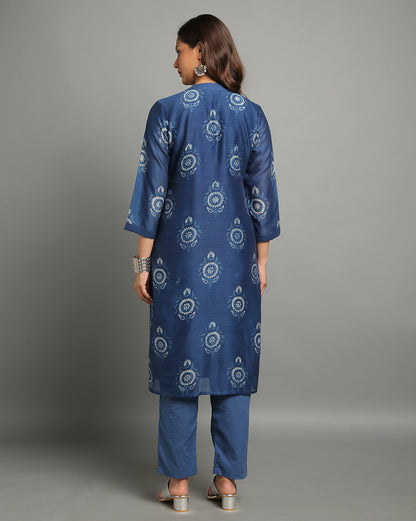 Indigo Dyed Dabu Printed Butta Chanderi Long Kurta