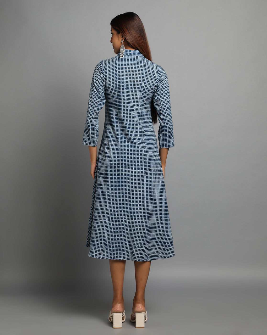 Indigo Dyed Dabu Printed Chex Long Dress