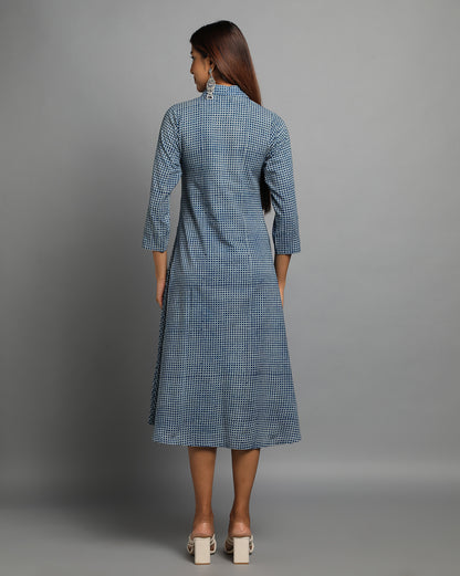 Indigo Dyed Dabu Printed Chex Long Dress