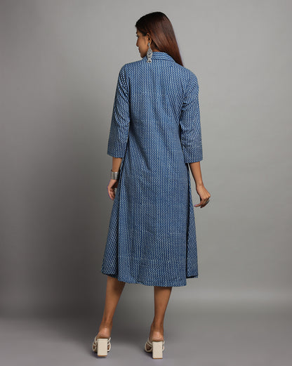 Indigo Dyed Dabu Printed Lehar Long Dress