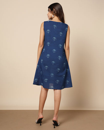 Natural Indigo Dyed Dabu Hand Block Print Short Dress