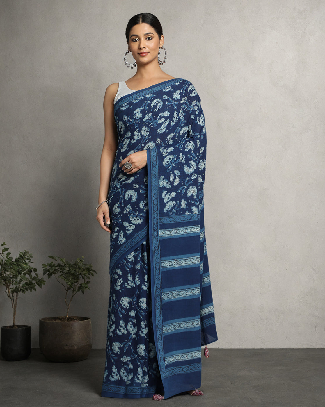 Natural Indigo Dyed Dabu Hand Block Printed Cotton Saree
