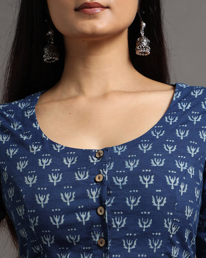 Indigo Dyed Dabu Printed Full Sleeve Blouse