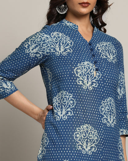Indigo Dyed Dabu Printed Cotton Long Kurta