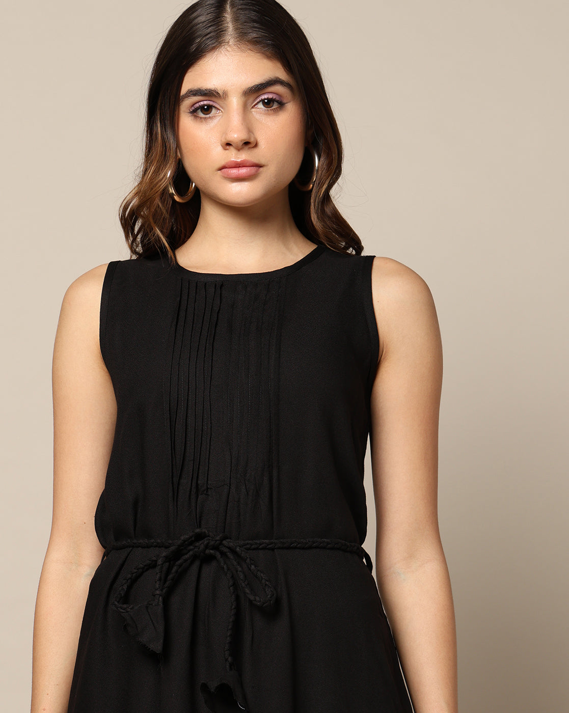 Dyed Sleeveless Pleated Tie-Waist Dress