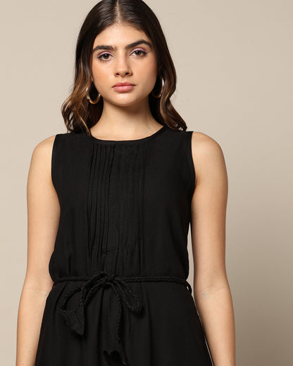 Dyed Sleeveless Pleated Tie-Waist Dress