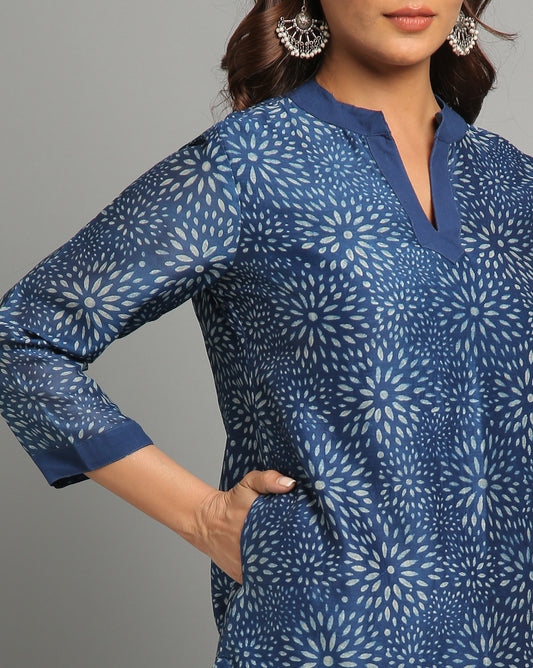 Indigo Dyed Dabu Printed Chanderi Sunflower Long Kurta