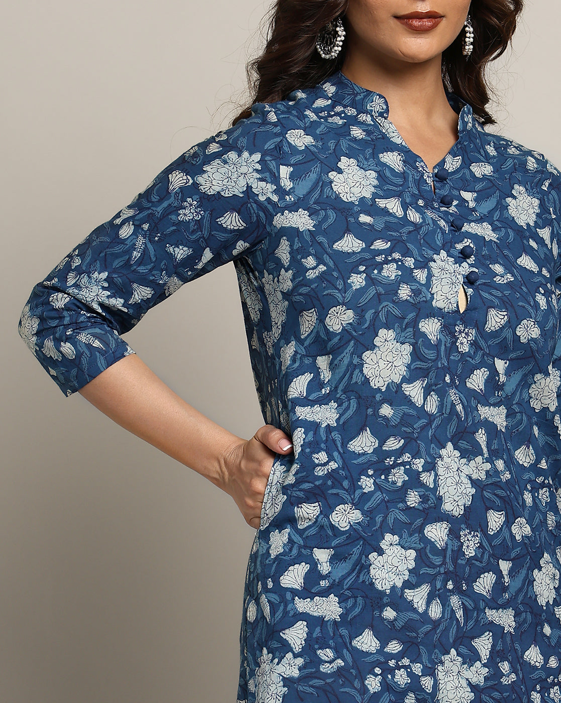 Indigo Dyed Dabu Printed Cotton Long Kurta