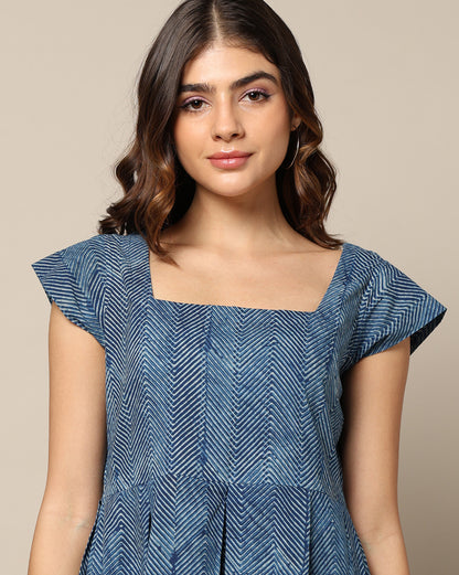 Indigo Natural Dyed and Dabu Hand Block Printed Short Dress