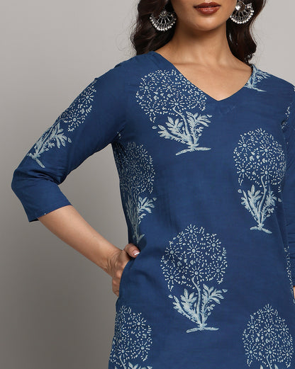 Indigo Dyed Dabu Printed Cotton Long Kurta