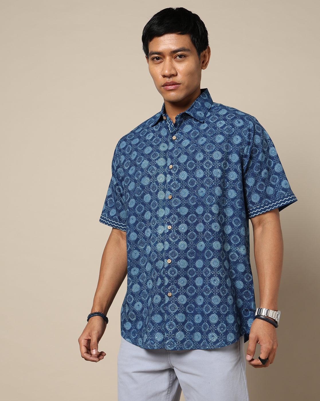 Men's Dabu Printed Indigo Dyed Shirt