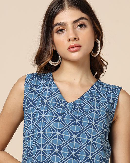 Natural Dyed Hand Block Printed Short Dress Sleeveless